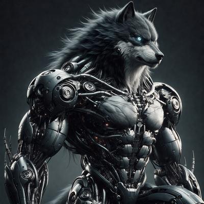 The primary subject of the image is a futuristic robot with a wolf head. The robot is wearing a metallic suit and has a wolf's head on its body. The setting is a dark background, which contrasts with the robot's metallic appearance. The visual style is digital art, as the robot is depicted in a detailed and intricate manner. The colors and mood of the image are dark and mysterious, with the robot's metallic suit and the wolf's